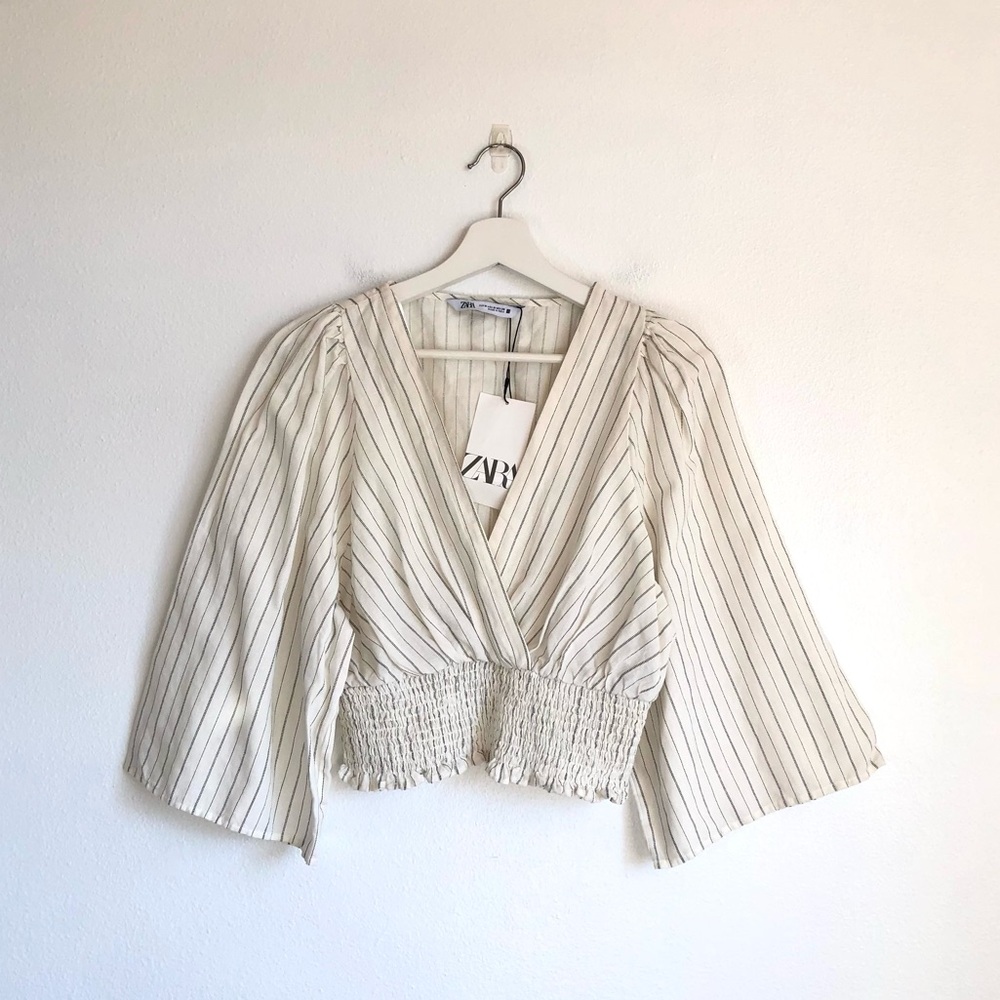 NWT Zara White / Black Stripe Smocked Waist Wide Sleeve Crop Top Size Medium